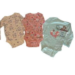 Gerber Fox Baby Girl 3-6 Mth Long Sleeve Bodysuits 3 Pack Pink Floral & Mint New